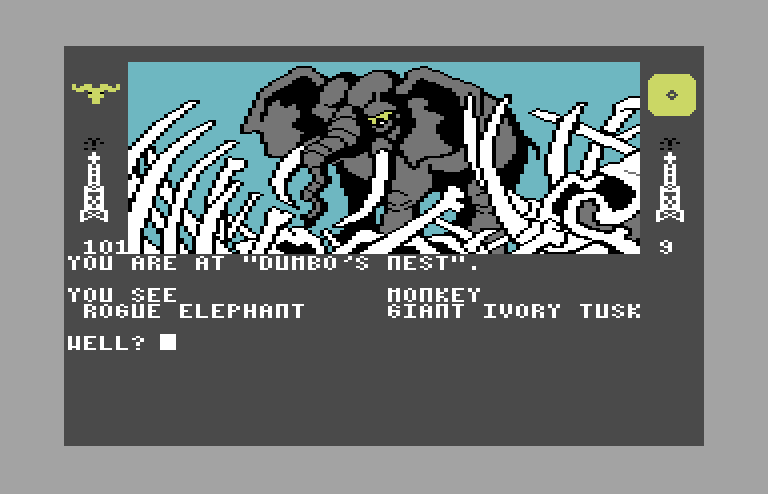 Dallas Quest, The Commodore 64 Screenshot: This elephant doesn't look friendly...
