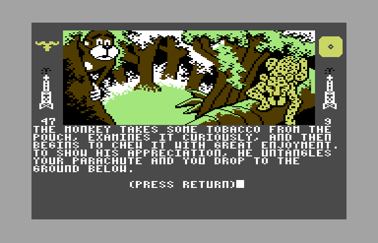 Dallas Quest, The Commodore 64 Screenshot: An awkward landing...