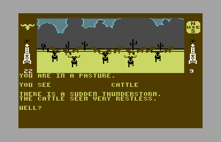 Dallas Quest, The Commodore 64 Screenshot: It's getting stormy, and the cattle are restless!