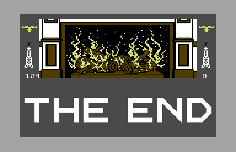 Dallas Quest, The Commodore 64 Screenshot: The end! Play again?