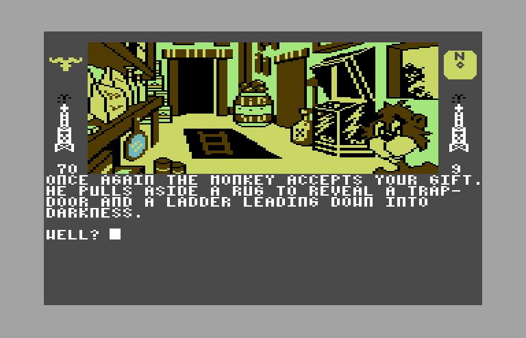 Dallas Quest, The Commodore 64 Screenshot: The monkey helps out again...