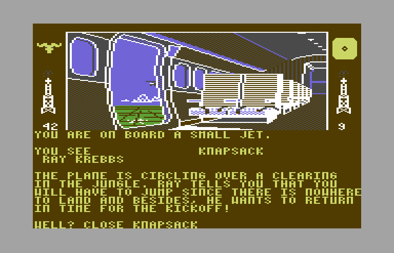 Dallas Quest, The Commodore 64 Screenshot: I guess it's time to jump out of this plane...