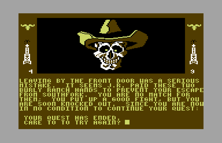 Dallas Quest, The Commodore 64 Screenshot: This is one way to die in the game...