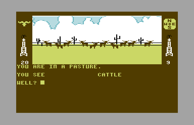 Dallas Quest, The Commodore 64 Screenshot: Out in the pasture.