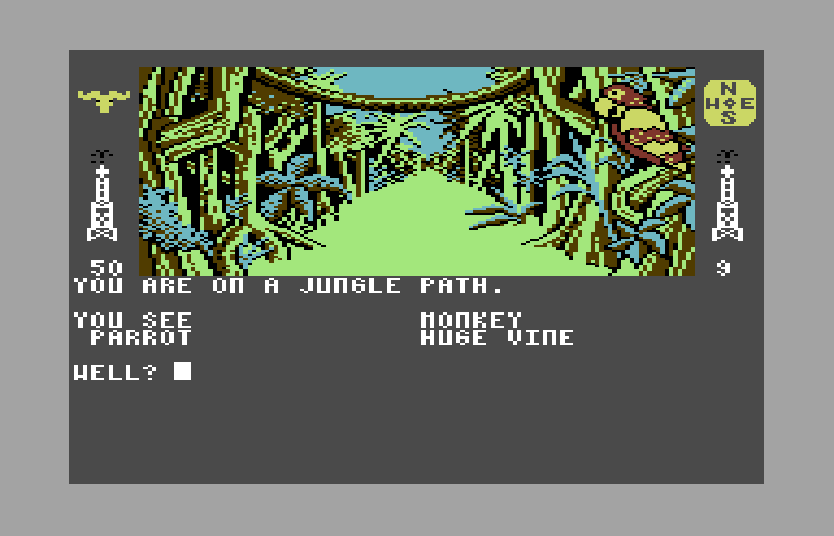 Dallas Quest, The Commodore 64 Screenshot: I see a parrot...but is that really a huge vine?