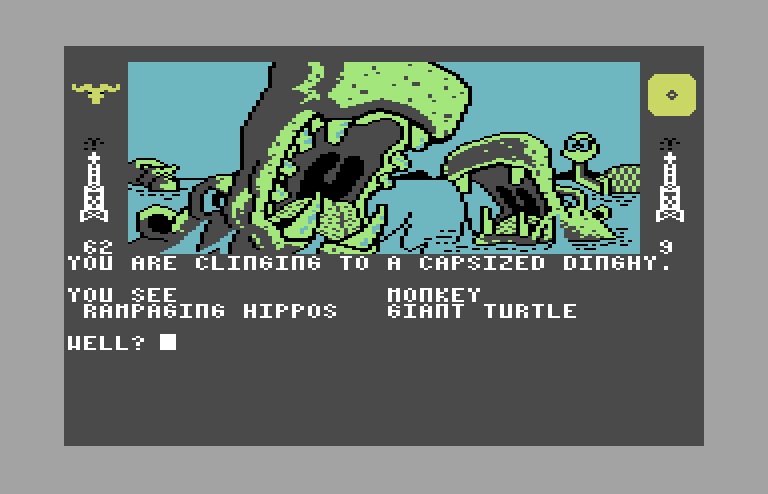 Dallas Quest, The Commodore 64 Screenshot: You see...rampaging hippos! What should I do now?!