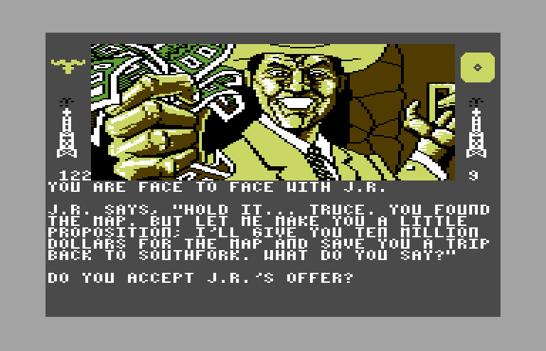 Dallas Quest, The Commodore 64 Screenshot: Face to face with J.R.!