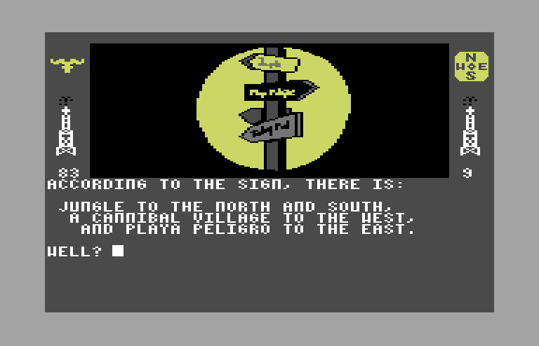 Dallas Quest, The Commodore 64 Screenshot: According to the sign, here's where I can go...