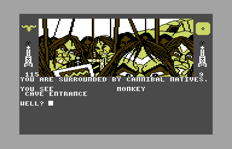 Dallas Quest, The Commodore 64 Screenshot: You are surrounded by cannibal natives...what do you do?
