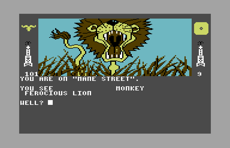 Dallas Quest, The Commodore 64 Screenshot: I'm on "Mane Street"...that might explain the lion!