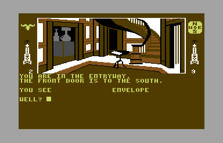 Dallas Quest, The Commodore 64 Screenshot: Exploring the house...there is an envelope here!