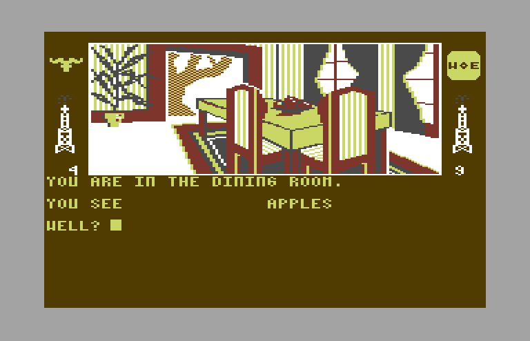 Dallas Quest, The Commodore 64 Screenshot: Meanwhile, back in the house, this is the dining room...