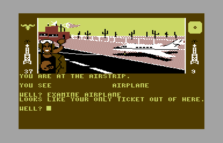 Dallas Quest, The Commodore 64 Screenshot: An airplane, this can help me get out of here!