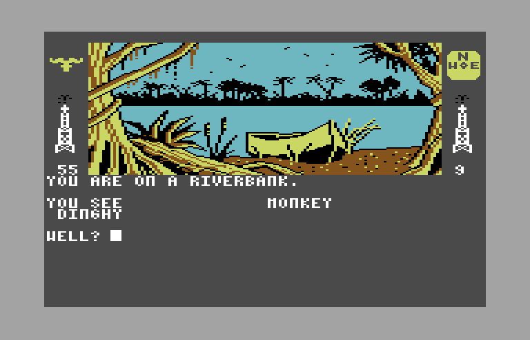 Dallas Quest, The Commodore 64 Screenshot: A dinghy...this could be helpful!