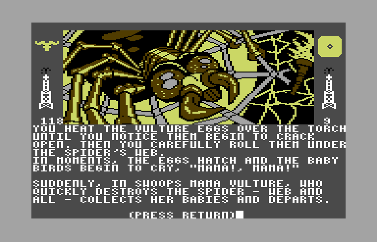 Dallas Quest, The Commodore 64 Screenshot: A giant spider!