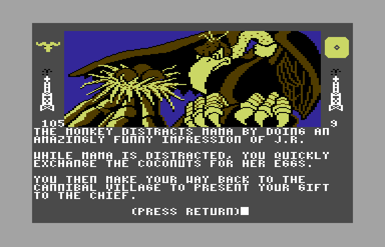 Dallas Quest, The Commodore 64 Screenshot: Steeling eggs from this vulture...
