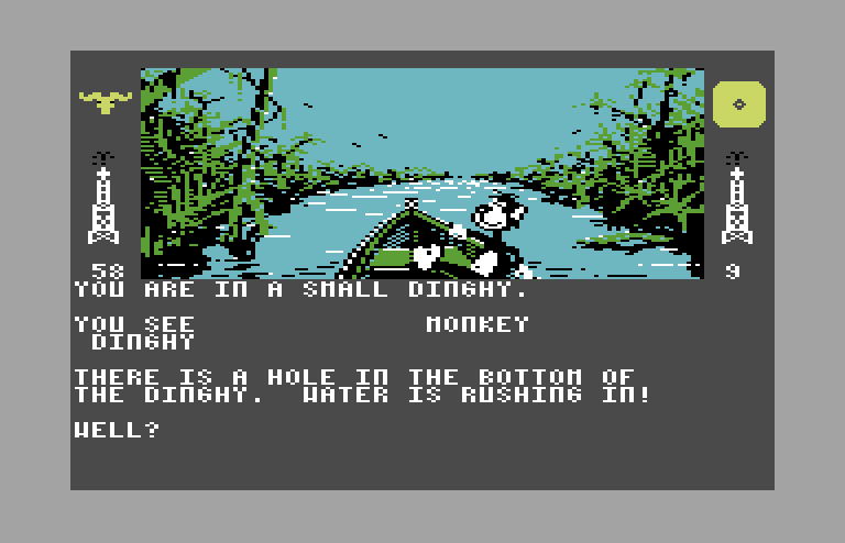 Dallas Quest, The Commodore 64 Screenshot: Water is coming in through a hole, what should I do?