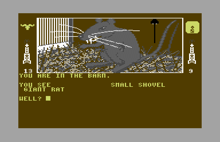 Dallas Quest, The Commodore 64 Screenshot: Lookout, it's a giant rat!