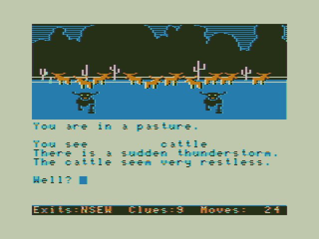 Dallas Quest, The TRS-80 Color Computer Screenshot: A thunderstorm spooks the cattle!