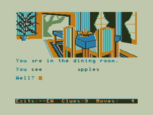 Dallas Quest, The TRS-80 Color Computer Screenshot: In the dining room.