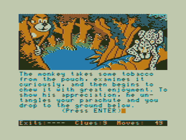 Dallas Quest, The TRS-80 Color Computer Screenshot: Entering the jungle...