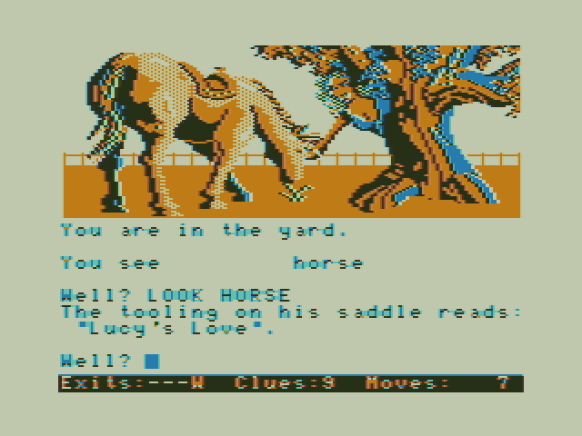 Dallas Quest, The TRS-80 Color Computer Screenshot: This horse is "Lucy's Love"...