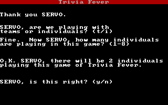 Trivia Fever IBM PC/Compatibles Screenshot: You can play in teams or as individuals.