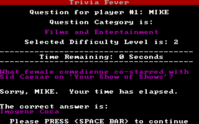 Trivia Fever IBM PC/Compatibles Screenshot: Here's the answer to a question...