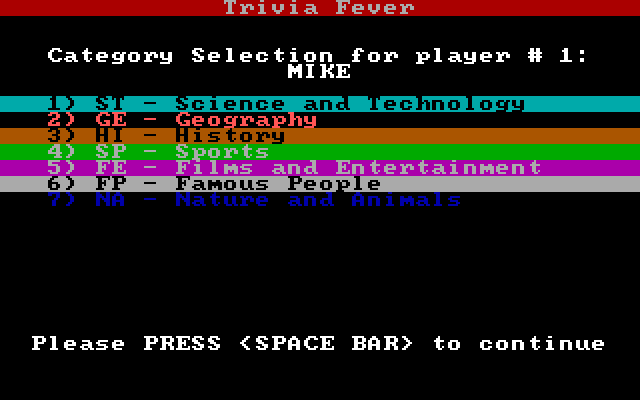 Trivia Fever IBM PC/Compatibles Screenshot: Here's the category selection...