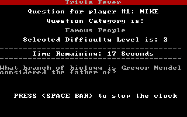 Trivia Fever IBM PC/Compatibles Screenshot: Here's the question...