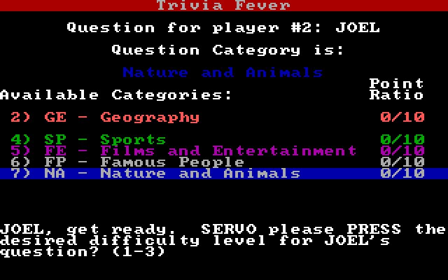 Trivia Fever IBM PC/Compatibles Screenshot: As the master you can randomly select a category, or just choose one...