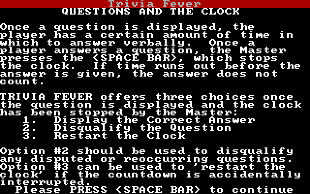 Trivia Fever IBM PC/Compatibles Screenshot: Questions and the clock...