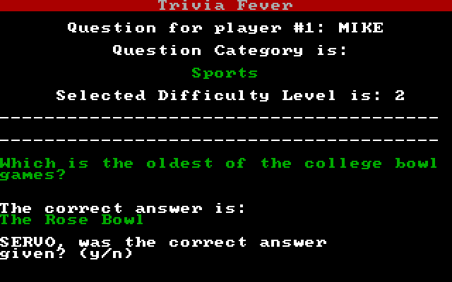 Trivia Fever IBM PC/Compatibles Screenshot: After viewing the answer, the master needs to determine if the player was correct...