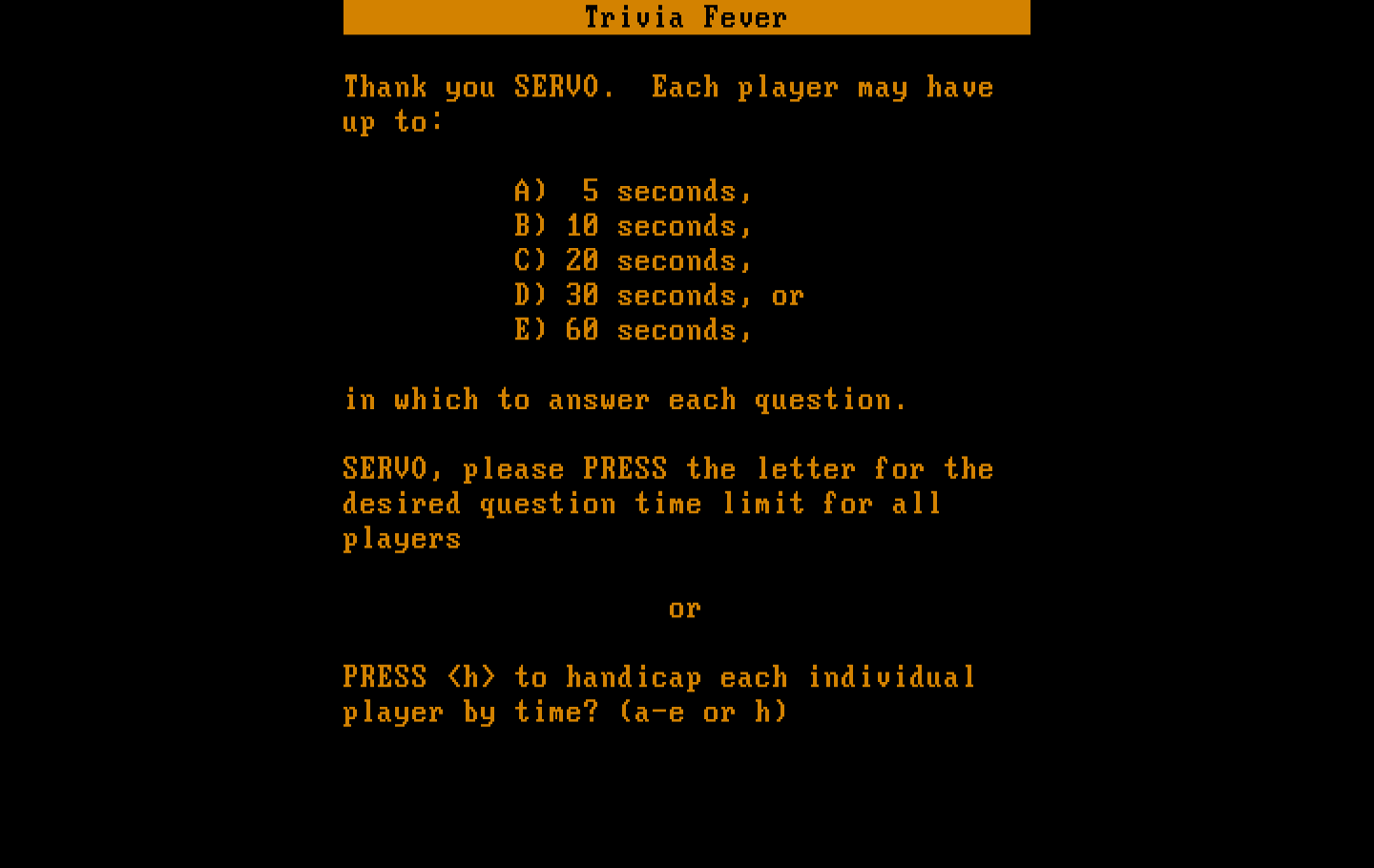 Trivia Fever IBM PC/Compatibles Screenshot: Select the amount of time to respond to questions.