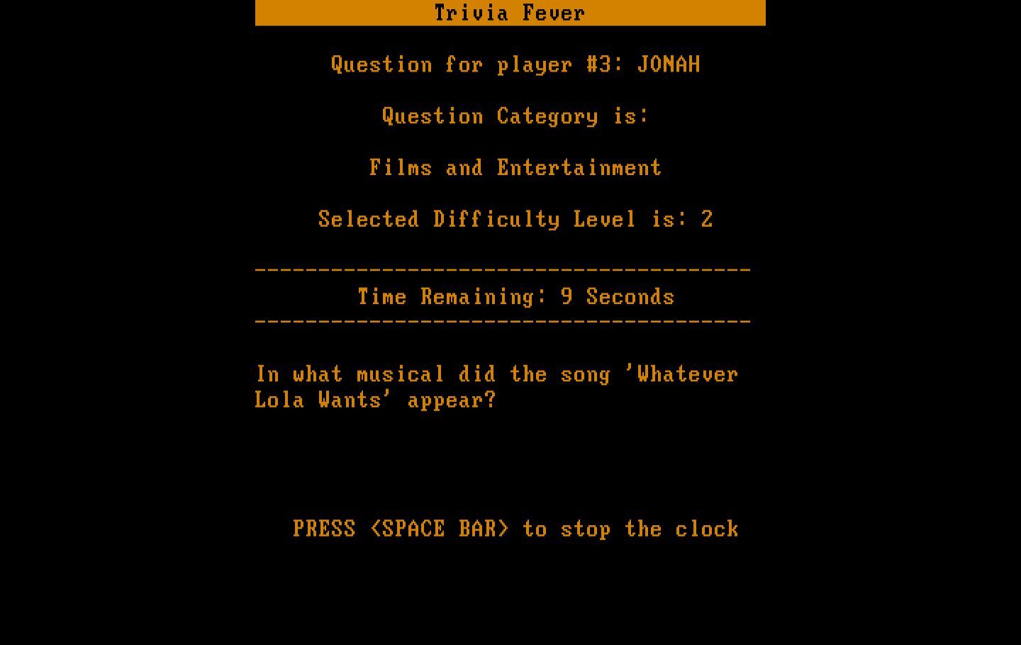 Trivia Fever IBM PC/Compatibles Screenshot: And the next question is...