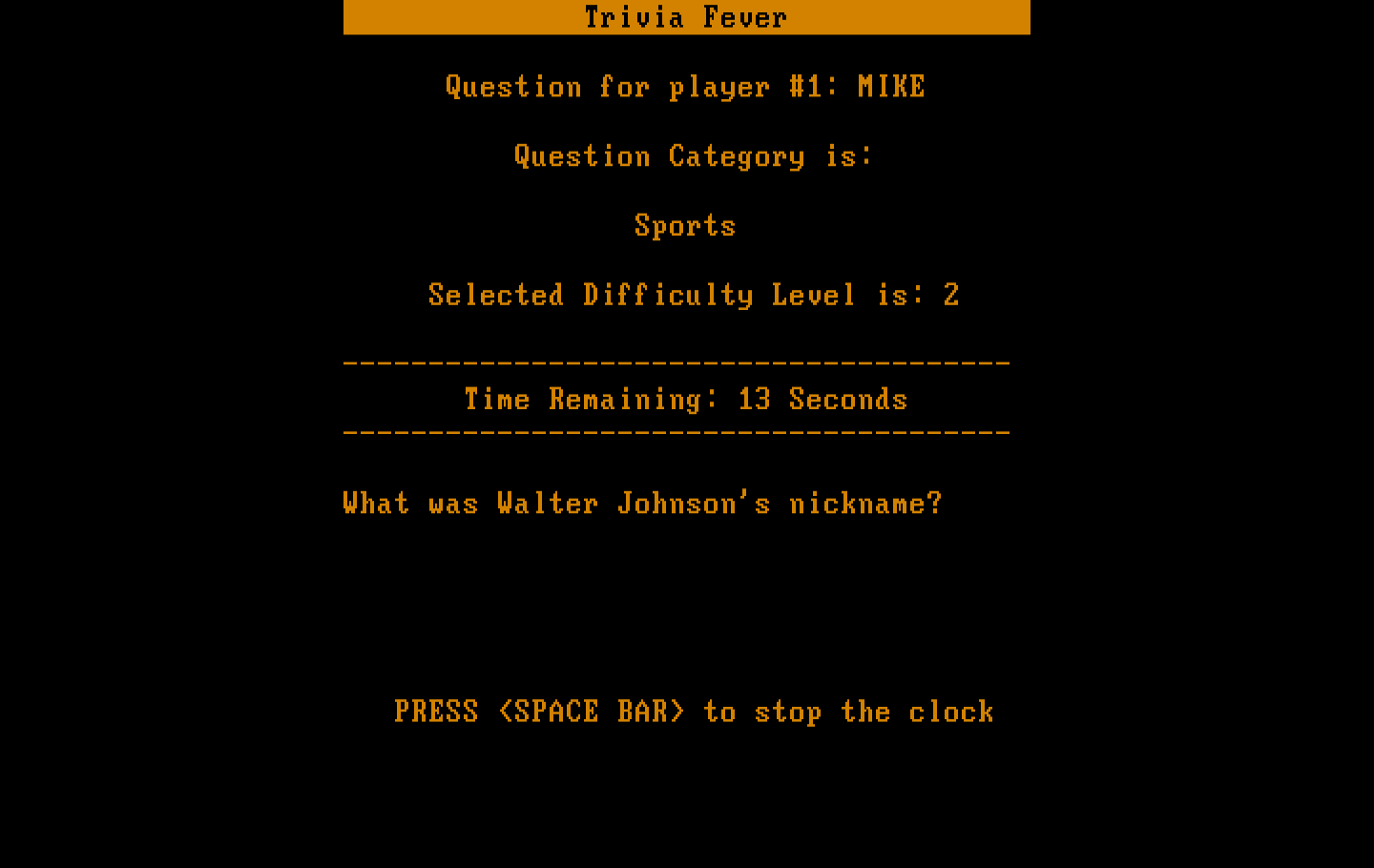 Trivia Fever IBM PC/Compatibles Screenshot: Here's the question...
