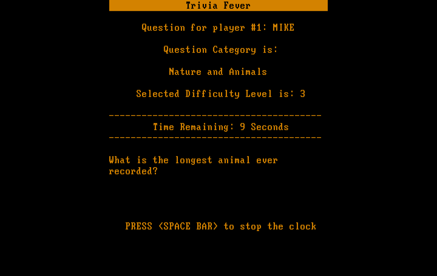Trivia Fever IBM PC/Compatibles Screenshot: Here's the question...