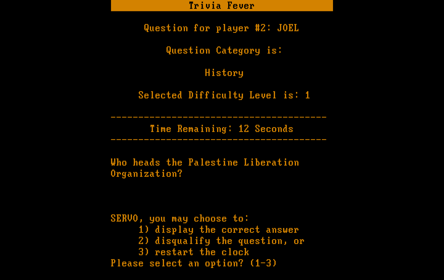 Trivia Fever IBM PC/Compatibles Screenshot: The next question...the clock is stopped, as the Master you need to selection an option!