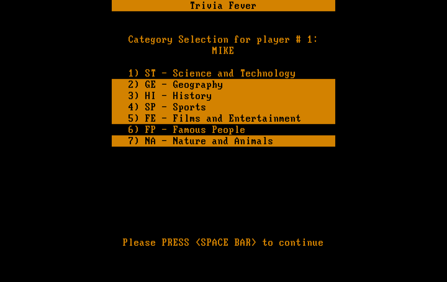 Trivia Fever IBM PC/Compatibles Screenshot: Selecting categories for players.