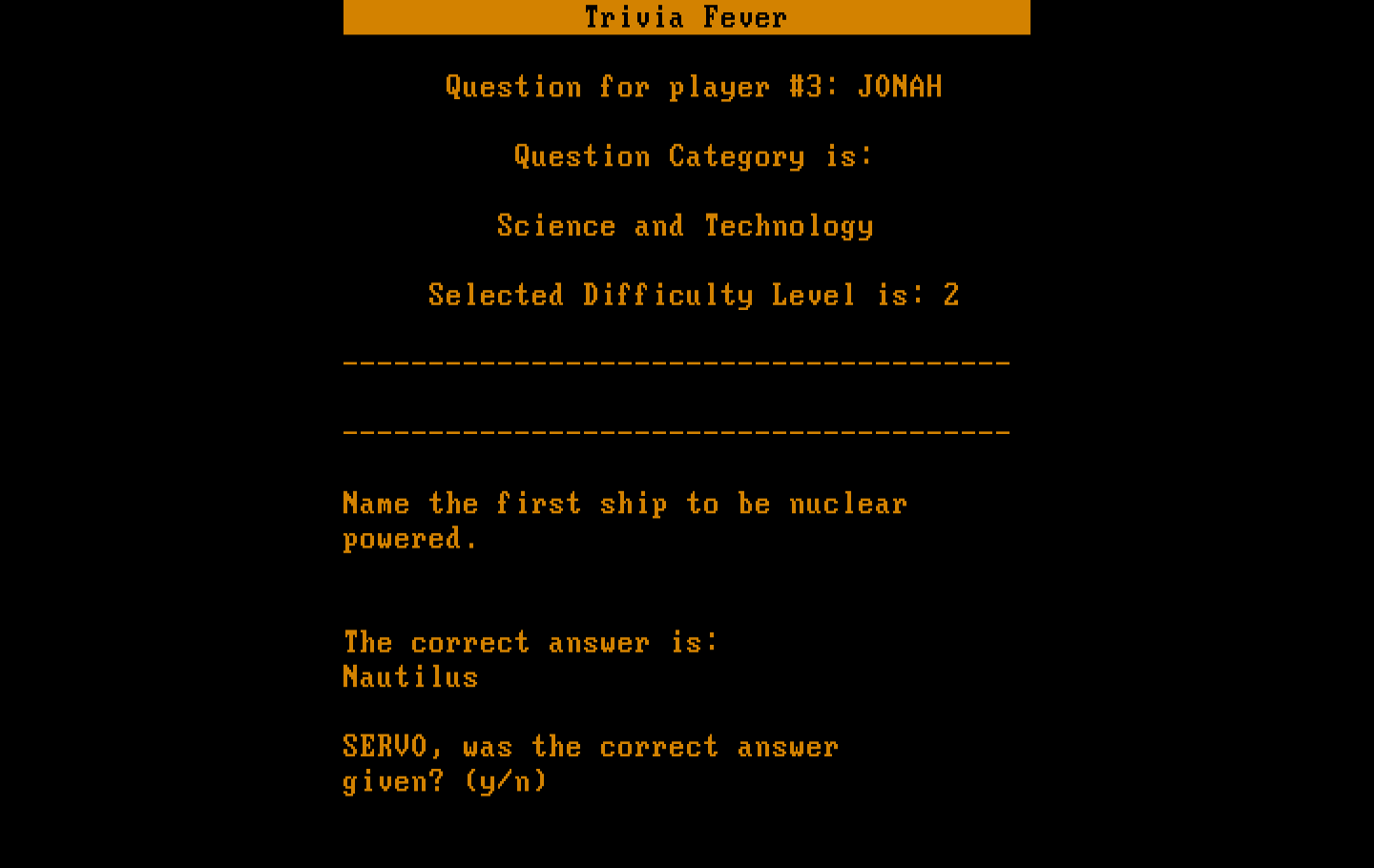 Trivia Fever IBM PC/Compatibles Screenshot: Here's the correct answer...did the player get it right?