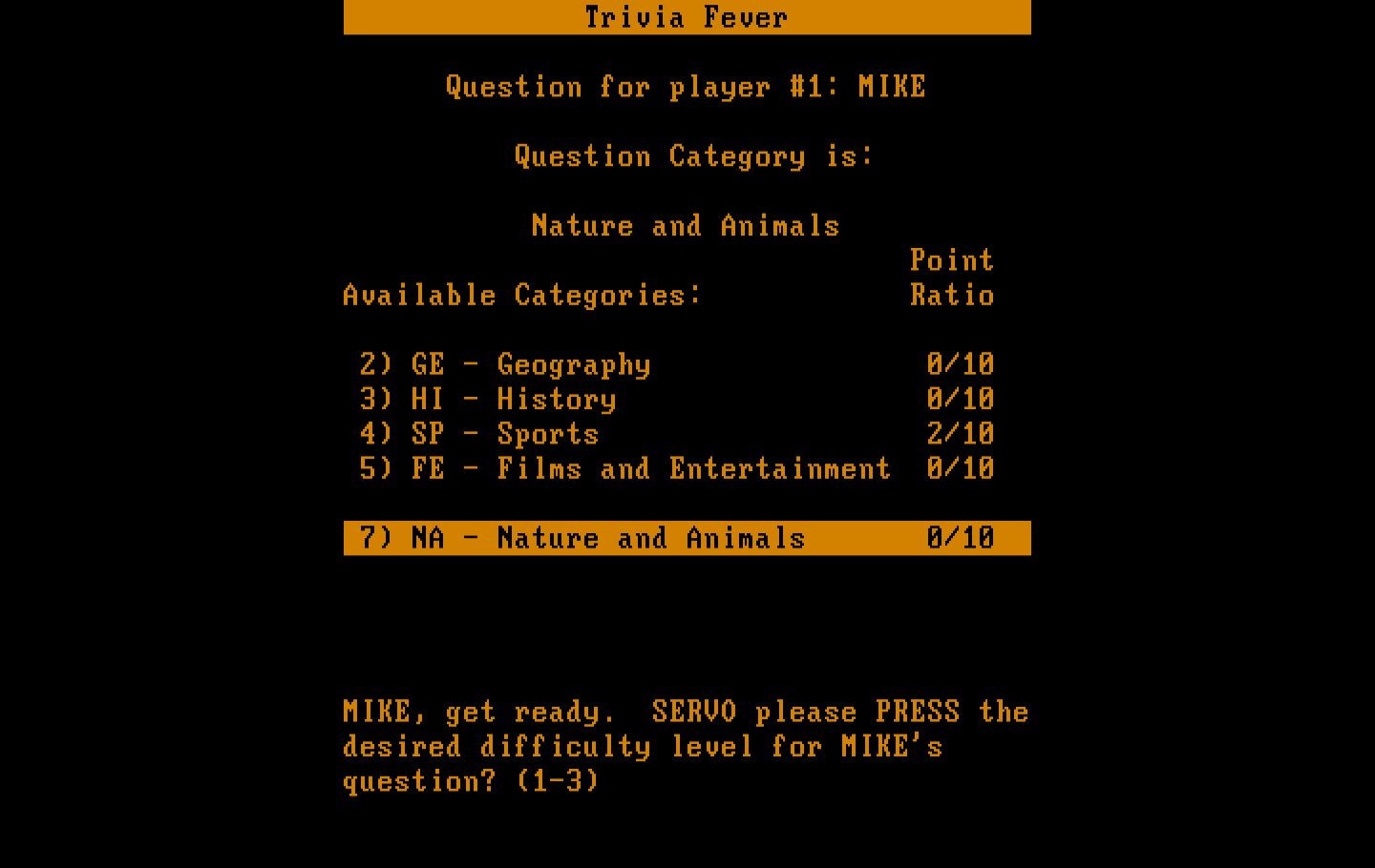 Trivia Fever IBM PC/Compatibles Screenshot: The next category is Natur and Animals.