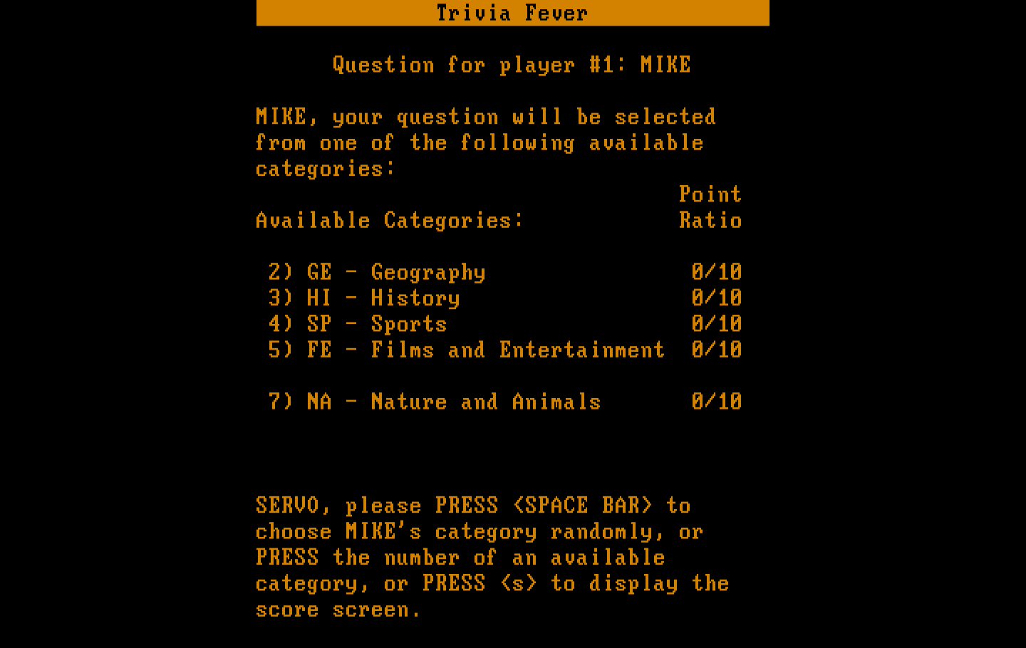 Trivia Fever IBM PC/Compatibles Screenshot: Choose a category, or let the computer randomly select one...