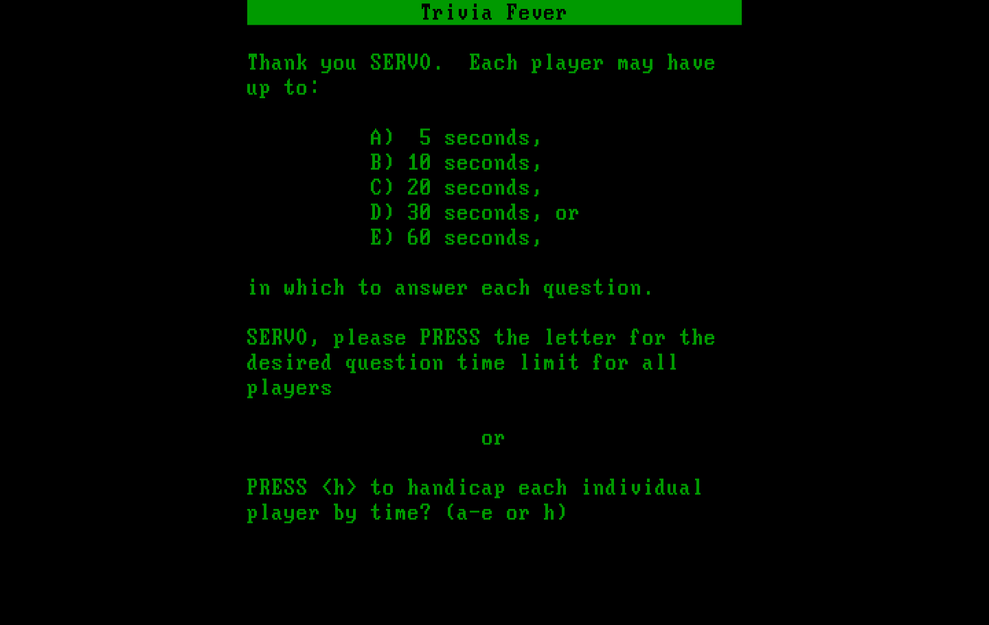 Trivia Fever IBM PC/Compatibles Screenshot: Select the amount of time to respond to questions.