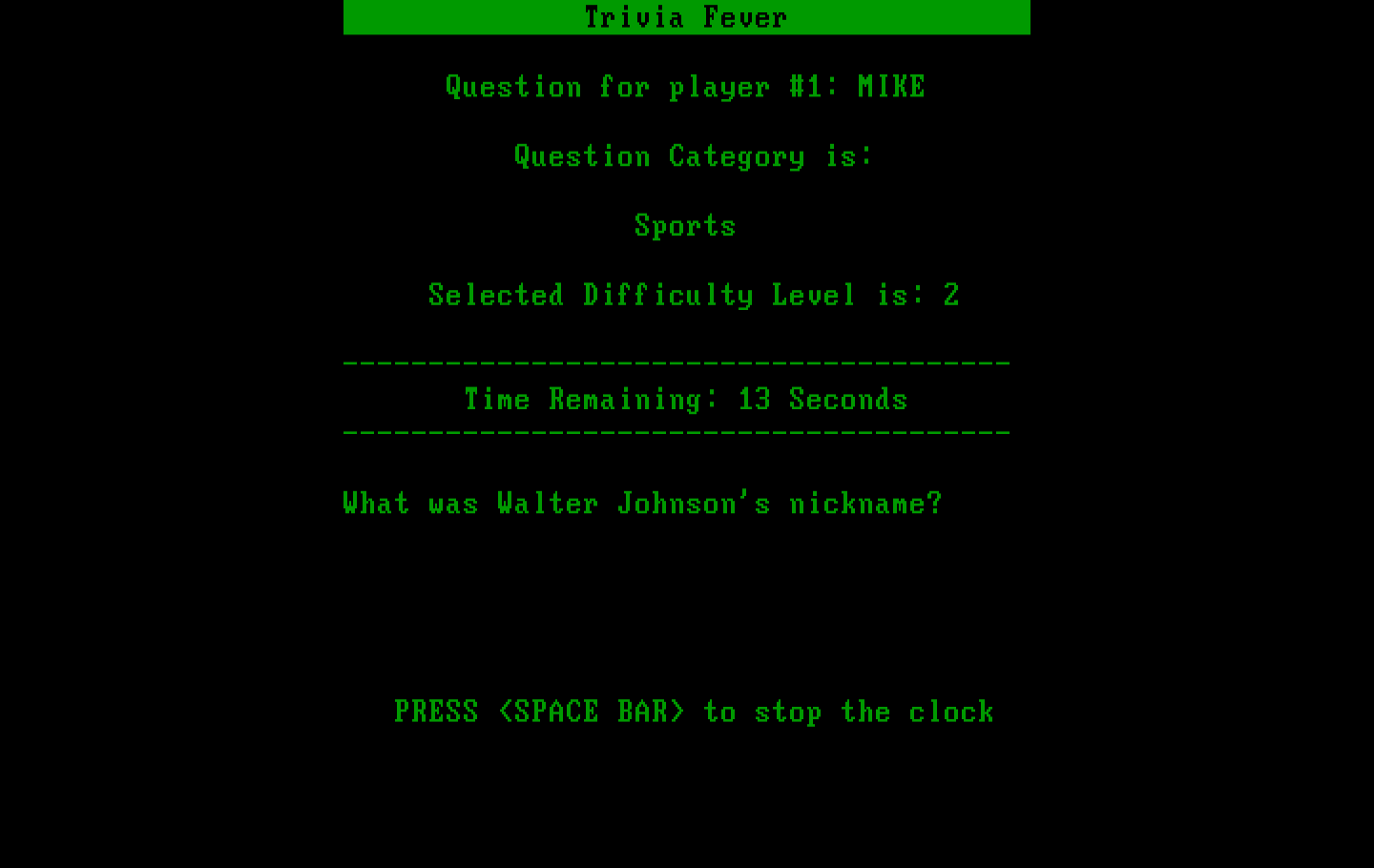 Trivia Fever IBM PC/Compatibles Screenshot: Here's the question...