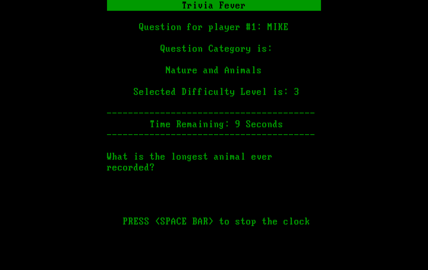 Trivia Fever IBM PC/Compatibles Screenshot: Here's the question...