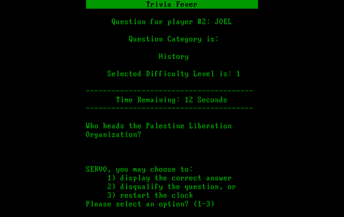 Trivia Fever IBM PC/Compatibles Screenshot: The next question...the clock is stopped, as the Master you need to selection an option!