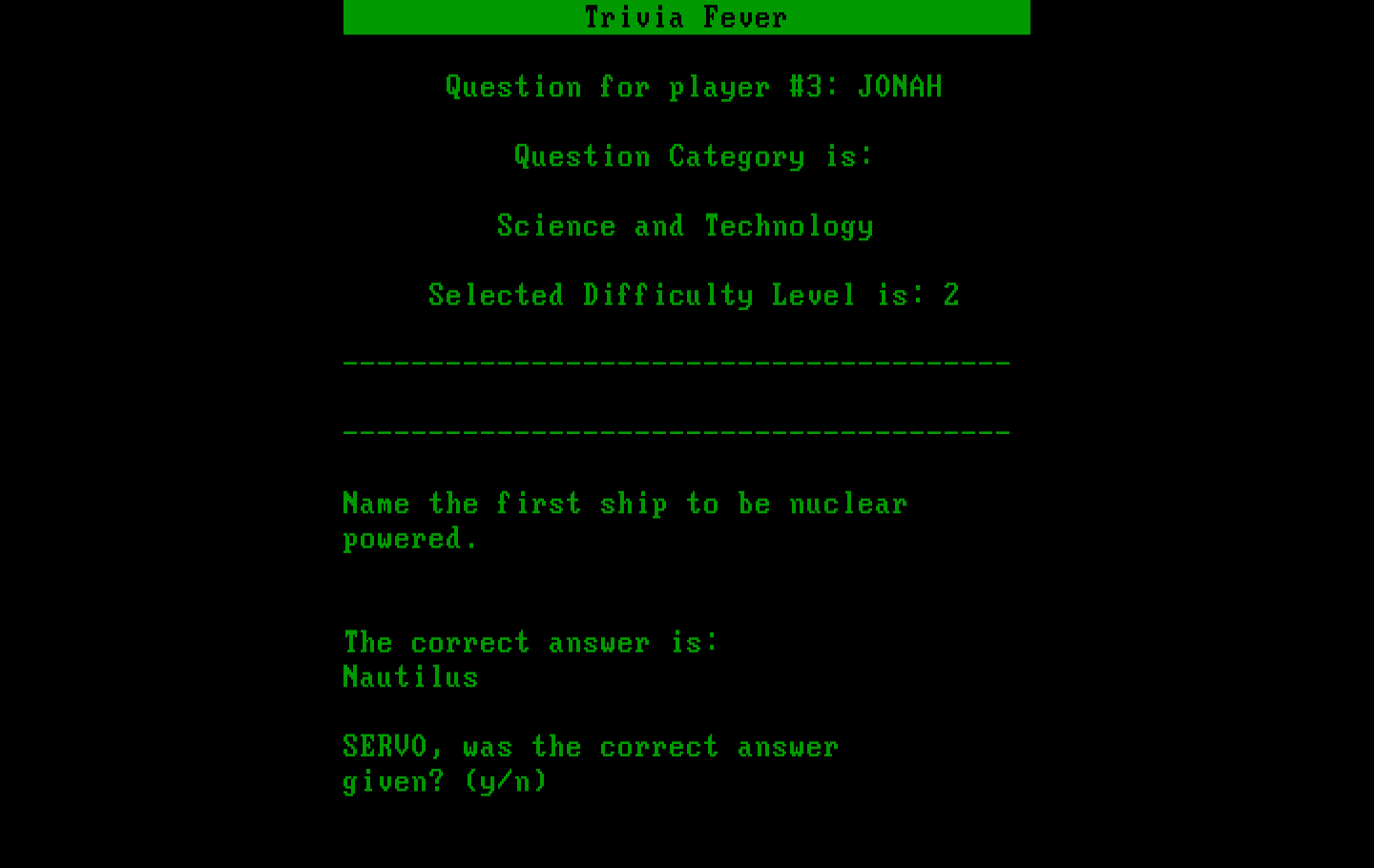 Trivia Fever IBM PC/Compatibles Screenshot: Here's the correct answer...did the player get it right?