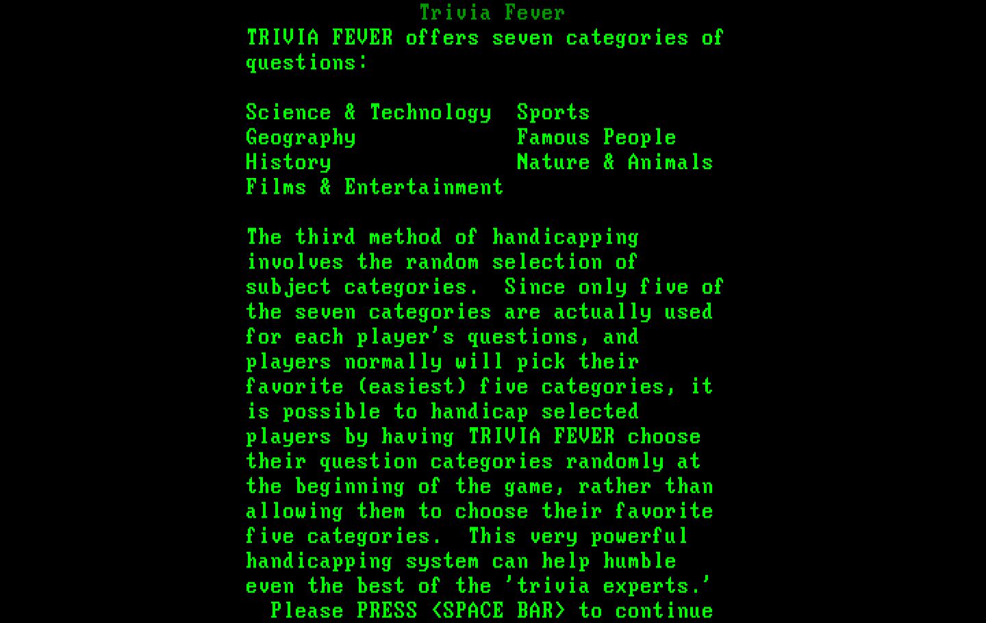Trivia Fever IBM PC/Compatibles Screenshot: There are seven categories of questions...