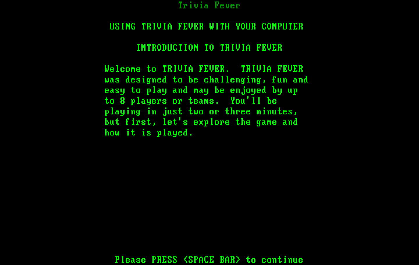 Trivia Fever IBM PC/Compatibles Screenshot: Beginning of the instructions.