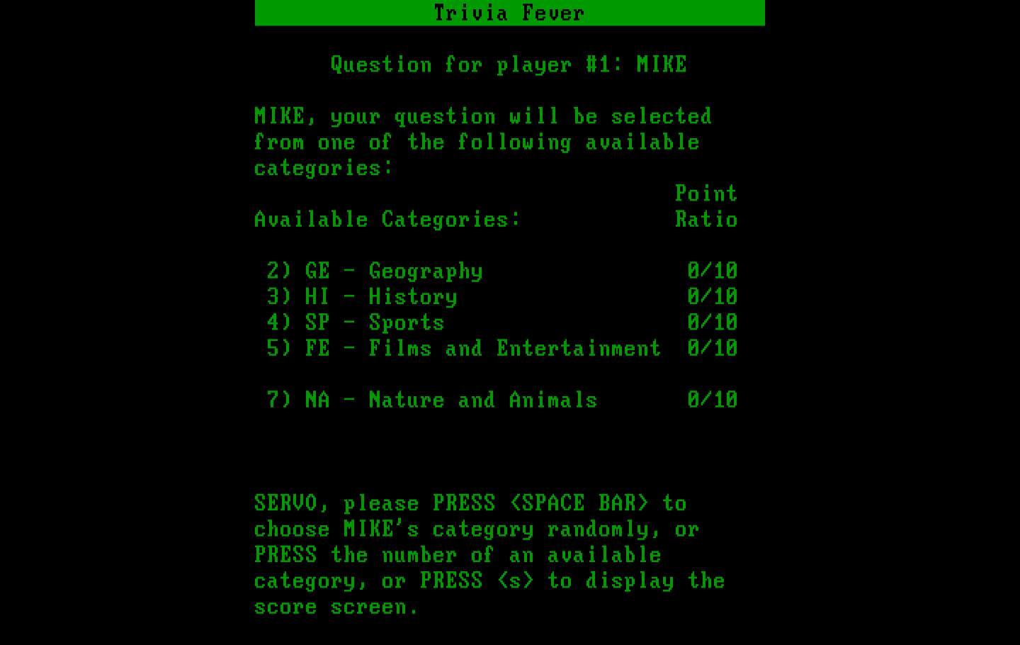 Trivia Fever IBM PC/Compatibles Screenshot: Choose a category, or let the computer randomly select one...